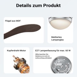 Kattotuuletin 130 cm, ruskea, 3 MDF-lapaa, 3 nopeutta, valaistus, kaukosäädin, ajastin, kesä- ja talvitoiminto