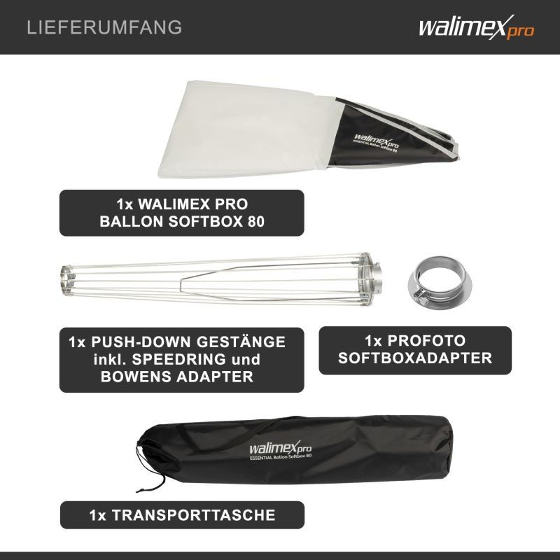 Walimex pro Essential Ballon Softbox 80 cm, Profoto- ja Bowens-adapterit