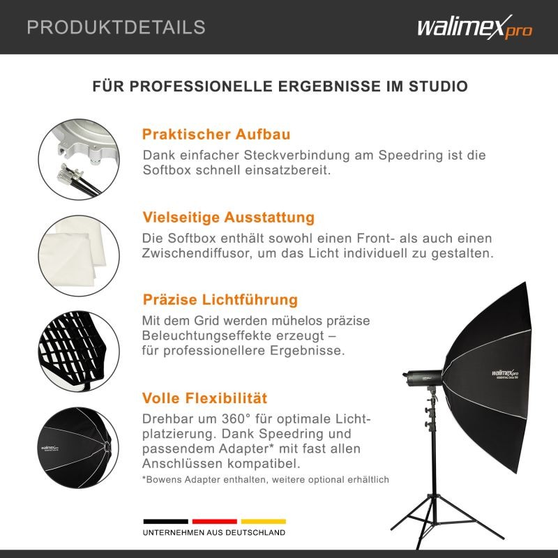 Walimex pro Essential oktagon-softbox 150 cm, kenno, Bowens- ja Hensel EH -adapterit, kuljetuslaukku