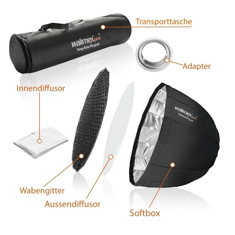 Walimex pro Studio Line Deep Rota QA90 softbox 90 cm, hopea, kenno, diffuusorit, Aurora/Bowens-adapterit