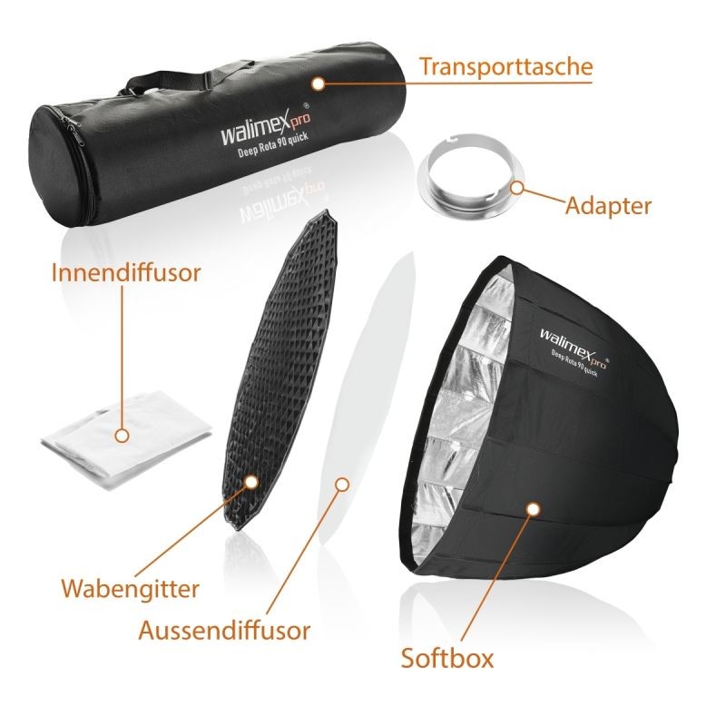 Walimex pro Studio Line Deep Rota QA90 Softbox 90 cm, hopea, kenno, kantolaukku, Elinchrom-adapteri
