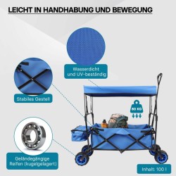 Taitettava vetokärry aurinkokatteella, sininen, max. 70 kg