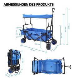 Taitettava vetokärry aurinkokatteella, sininen, max. 70 kg