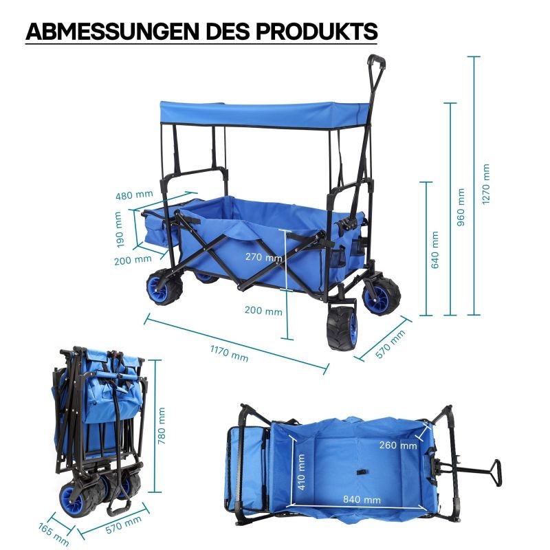 Taitettava vetokärry aurinkokatteella, sininen, max. 70 kg