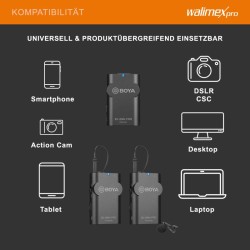 Walimex pro Boya WM4 Pro K 2 langaton lavalier mikrofonisetti 60 m 2 lähetintä 1 vastaanotin 3 5 mm liitin