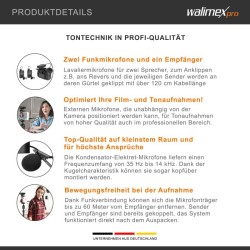Walimex pro Boya WM4 Pro K-2 langaton lavalier-mikrofonisetti, 60 m, 2 lähetintä, 1 vastaanotin, 3,5 mm liitin