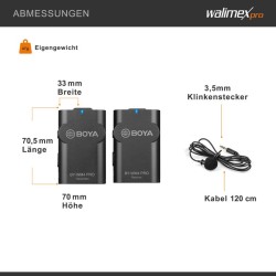 Walimex pro Boya WM4 Pro K-2 langaton lavalier-mikrofonisetti, 60 m, 2 lähetintä, 1 vastaanotin, 3,5 mm liitin