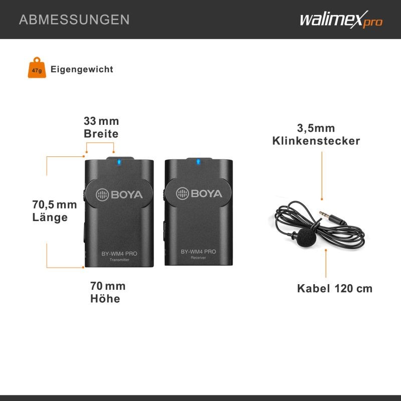 Walimex pro Boya WM4 Pro K-2 langaton lavalier-mikrofonisetti, 60 m, 2 lähetintä, 1 vastaanotin, 3,5 mm liitin