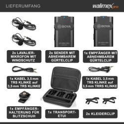Walimex pro Boya WM4 Pro K-2 langaton lavalier-mikrofonisetti, 60 m, 2 lähetintä, 1 vastaanotin, 3,5 mm liitin
