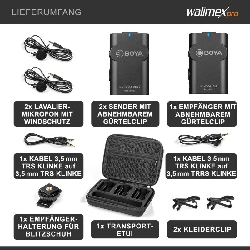 Walimex pro Boya WM4 Pro K-2 langaton lavalier-mikrofonisetti, 60 m, 2 lähetintä, 1 vastaanotin, 3,5 mm liitin