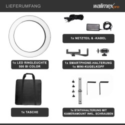 Walimex pro LED rengasvalo 500 Bi Color 32 W 50 cm säädettävä värilämpötila varustepaketti