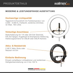 Walimex pro LED-rengasvalo 500 Bi-Color, 32 W, 50 cm, säädettävä värilämpötila, varustepaketti