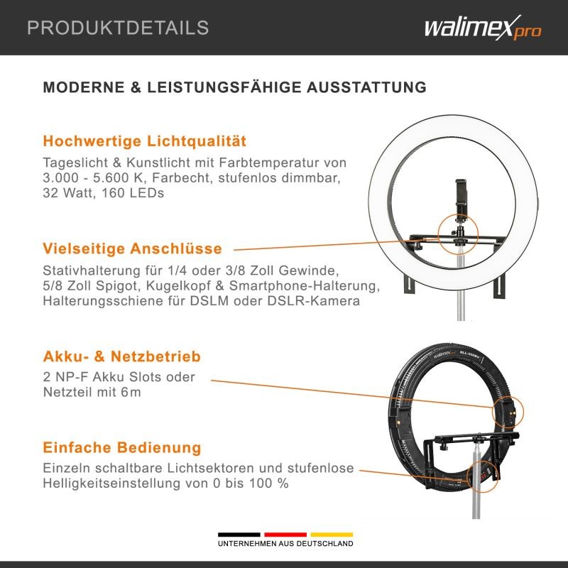 Walimex pro LED-rengasvalo 500 Bi-Color, 32 W, 50 cm, säädettävä värilämpötila, varustepaketti
