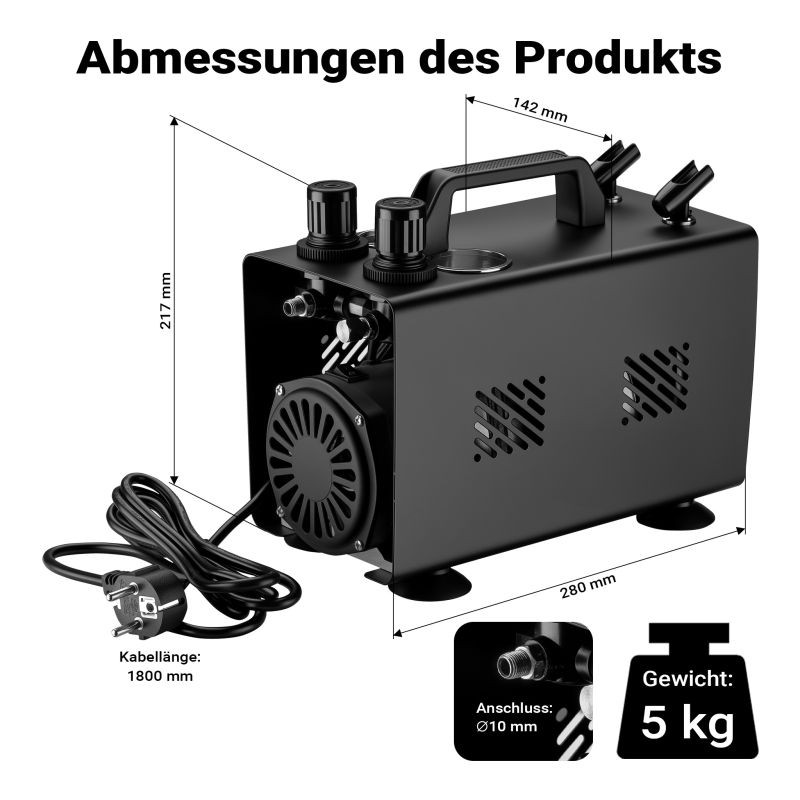 Airbrush-kompressori AS18TA 1/6 PS, 20–23 l/min, 1 l säiliö, kaksiaukkoiset liitännät
