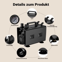 Airbrush-kompressori AS18TA 1/6 PS, 20–23 l/min, 1 l säiliö, kaksiaukkoiset liitännät