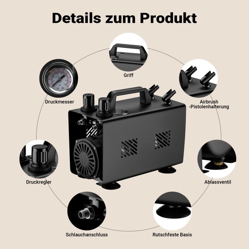Airbrush-kompressori AS18TA 1/6 PS, 20–23 l/min, 1 l säiliö, kaksiaukkoiset liitännät