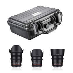 Samyang Video DSLR Basic objektiivisetti MFT 24mm 50mm 85mm f 1 5 ja Mantona Outdoor suojalaukku