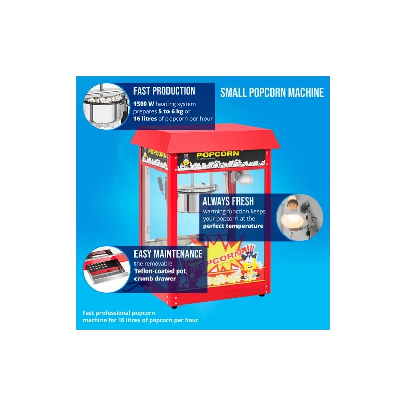Royal Catering Popcorn-kone 1500 W, 5-6 kg/h, punainen