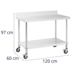 Royal Catering ruostumattomasta teräksestä valmistettu työpöytä pyörillä 60 x 120 cm