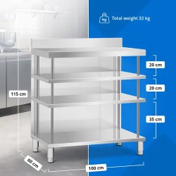 Royal Catering baarityöpöytä ruostumaton teräs 100 x 60 x 115 cm 4 hyllyä
