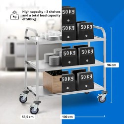Royal Catering tarjoiluvaunu ruostumaton teräs 3 hyllyä 90 x 50 cm