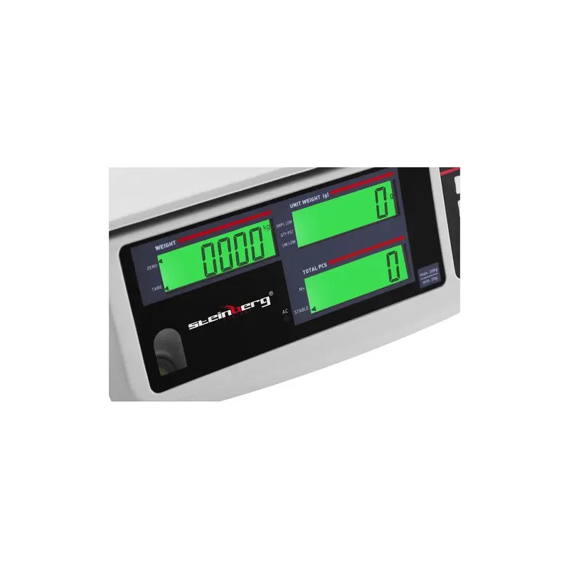 Kappalemäärävaaka 30 kg / 1 g, 30,5 x 20 cm, akku 72 h, 3 LCD-näyttöä