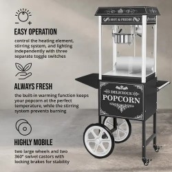 Royal Catering Popcornkone vaunulla 1500 W 5 kg/h musta