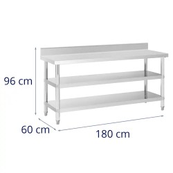 Royal Catering ECO ruostumaton työpöytä 180 x 60 cm, 500 kg kantavuus, välihyllyillä