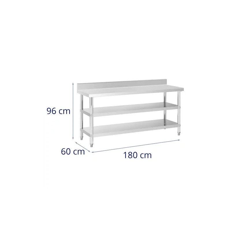 Royal Catering ECO ruostumaton työpöytä 180 x 60 cm, 500 kg kantavuus, välihyllyillä