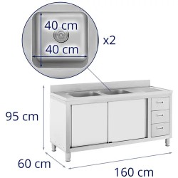 Royal Catering RC-IKS04 tiskiallaskaappi ruostumattomasta teräksestä 160 x 60 cm, 2 allasta