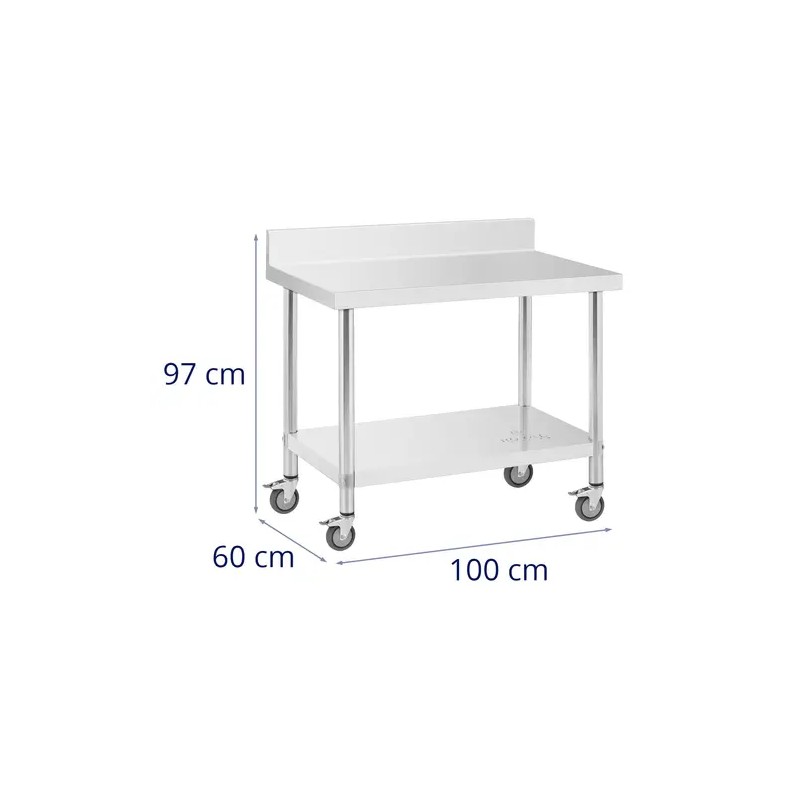 Royal Catering ruostumattomasta teräksestä valmistettu työpöytä pyörillä 60 x 100 cm