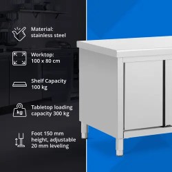Royal Catering ruostumattomasta teräksestä valmistettu työpöytäkaappi 100 x 80 cm, 500 kg