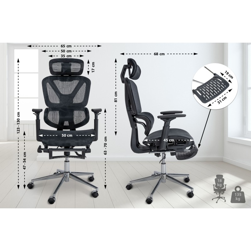 Ergonominen toimistotuoli säädettävällä niskatuella ja jalkatuella