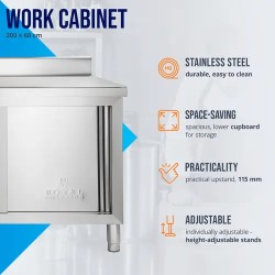Royal Catering ruostumattomasta teräksestä valmistettu työpöytäkaappi 200 x 60 cm, 160 kg
