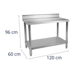 Royal Catering ruostumattomasta teräksestä valmistettu työpöytä 120 x 60 cm, 400 kg kantavuus, reunuksella