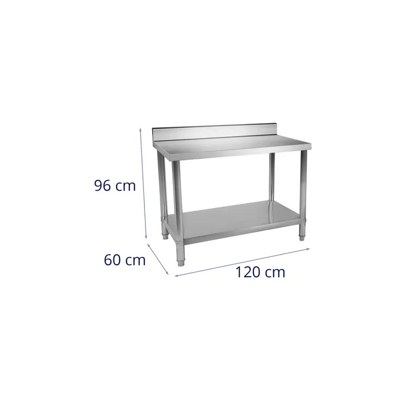 Royal Catering ruostumattomasta teräksestä valmistettu työpöytä 120 x 60 cm, 400 kg kantavuus, reunuksella