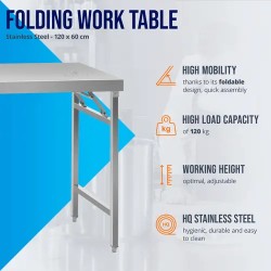 Royal Catering RCAT-120K taittuva työpöytä ruostumaton teräs 120 x 60 cm