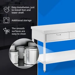 Royal Catering ruostumattomasta teräksestä valmistettu työpöytä 180 x 60 cm 3 vetolaatikolla