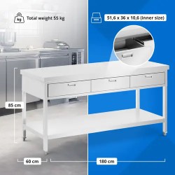 Royal Catering ruostumattomasta teräksestä valmistettu työpöytä 180 x 60 cm 3 vetolaatikolla