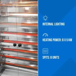 Royal Catering kaasugrilli 8 vartaalla, infrapunapolttimet, valaistus ja pyörät