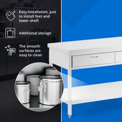 Royal Catering ruostumattomasta teräksestä valmistettu työpöytä 200 x 60 cm 3 vetolaatikkoa