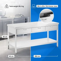 Royal Catering ruostumattomasta teräksestä valmistettu työpöytä 200 x 60 cm 3 vetolaatikkoa