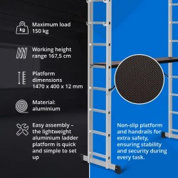 MSW 3-in-1 alumiinitikasjalusta, korkeus jopa 3,8 m, kantavuus 150 kg