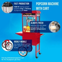 Royal Catering Popcorn-kone vaunulla, 1500 W, 5 kg/h, punainen