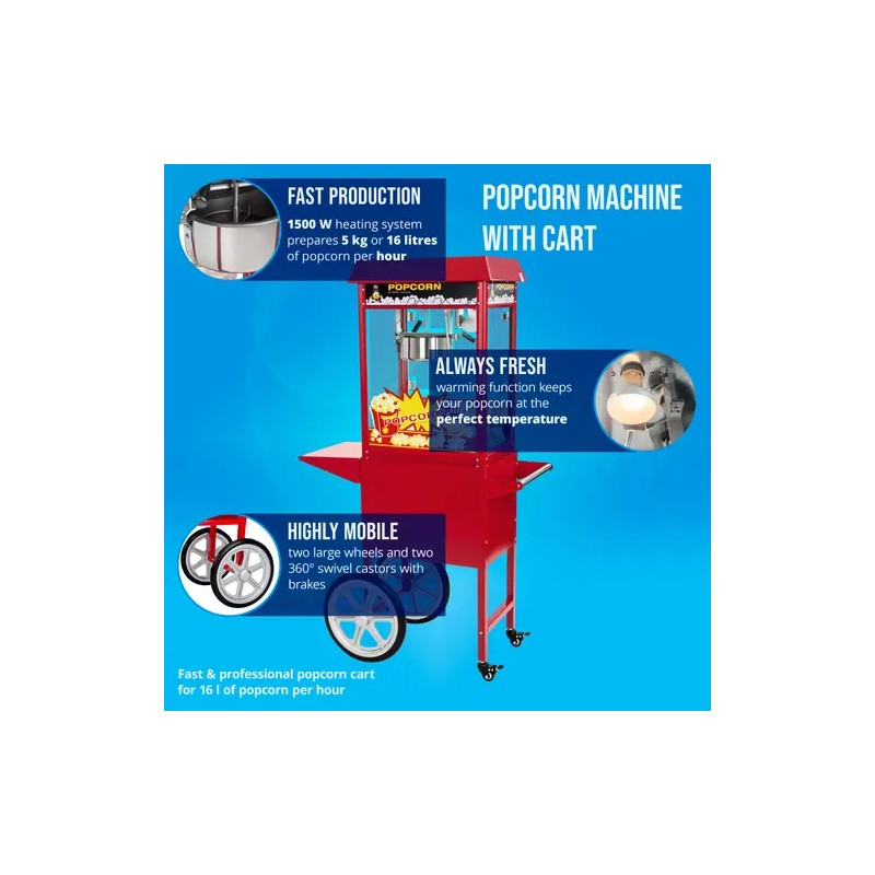 Royal Catering Popcorn-kone vaunulla, 1500 W, 5 kg/h, punainen