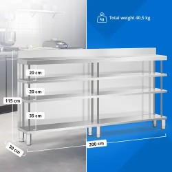 Royal Catering baarin työpöytä ruostumaton teräs 200 x 30 x 115 cm