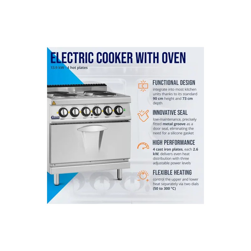 Royal Catering Pro 730 sähköliesi uunilla, 13,9 kW, 4 levyä, 80 x 73 cm