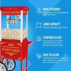 Royal Catering Popcorn-kone vaunulla 1500 W, 5 kg/h, punainen