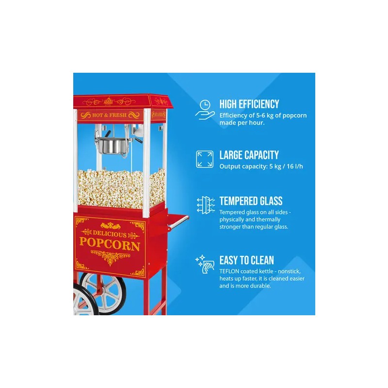 Royal Catering Popcorn-kone vaunulla 1500 W, 5 kg/h, punainen