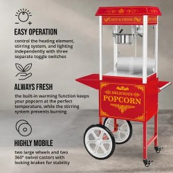 Royal Catering Popcorn-kone vaunulla 1500 W, 5 kg/h, punainen